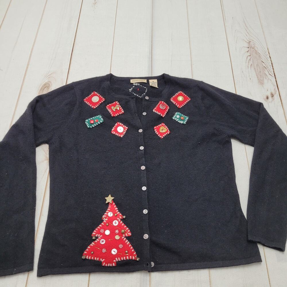 Apostrophe 100% cashmere Christmas holiday cardigan sweater embellishments